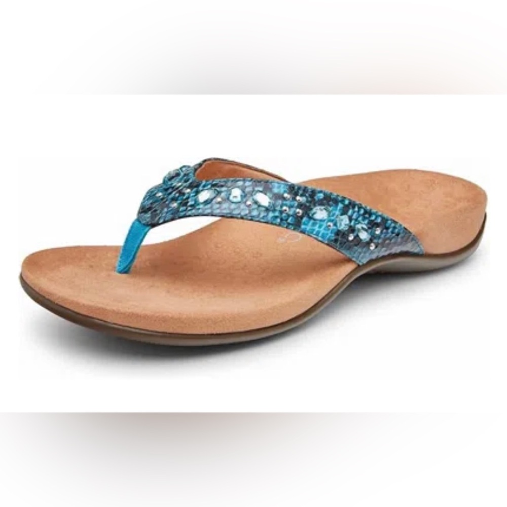 Vionic blue snake skin flip flops. Suede insole!